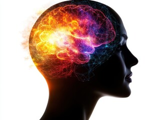 Obraz premium Silhouette of a Human Head with Vibrant Brain Activity and Neural Network Connections on a White Background