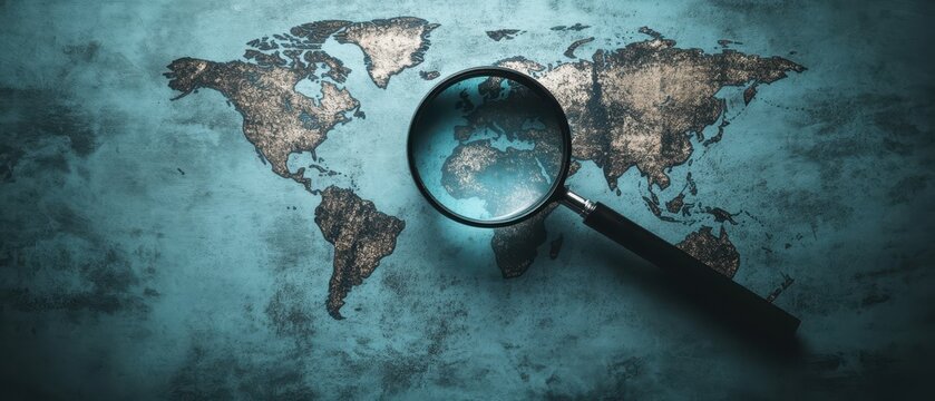 Magnifying Glass on Vintage World Map with Focus on Africa and Europe, Exploration and Discovery Concept