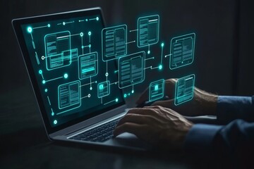 A man using a laptop with a digital document management system interface and documents icon on a transparent screen, representing the concept of business process integration. 