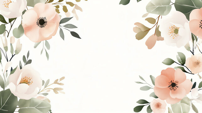 Romantic wedding invitation template with floral border, modern calligraphy text, light watercolor style, isolated on white background