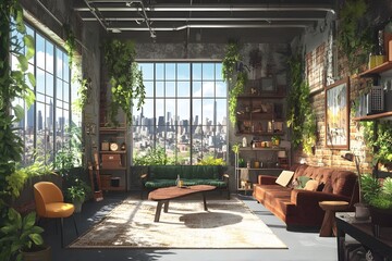 Fototapeta premium Vibrant Collaborative Workshop Space with Cascading Greenery and Vintage Furnishings Overlooking