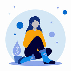 Woman in warm socks enjoying winter coziness with plant