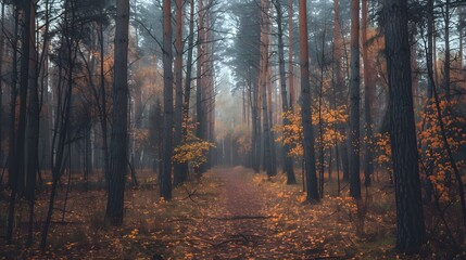 Mysterious Forest Path in Autumn Fog