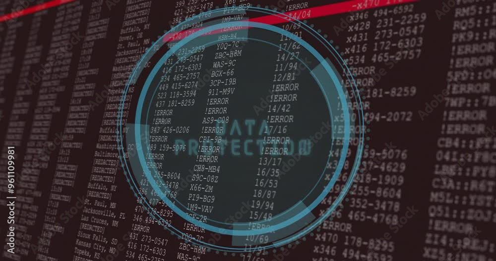 Poster circular animation over error codes and data on dark background