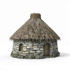 3D Render of a stone storage hut with a thatched roof, on isolated white background