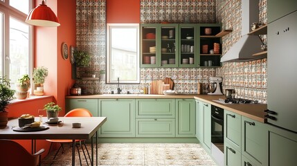 Fototapeta premium Vibrant Kitchen Design: Green Cabinets with Patterned Tiles and Bright Orange Accents - Perfect for a Sports-Themed Interior Poster