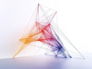 Abstract Geometric Art Installation with Colorful String Patterns in Modern Minimalist Gallery Space