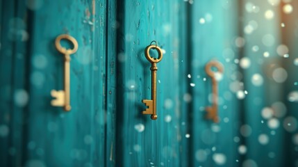 Fototapeta premium An atmospheric photograph of a mysterious doorway adorned with multiple antique keys, symbolizing the passage to unknown realms and secrets.