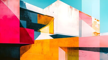 Fototapeta premium Vibrant Geometric Abstraction Dynamic Layered Shapes and Bold Colors in a Minimalist Urban Rooftop