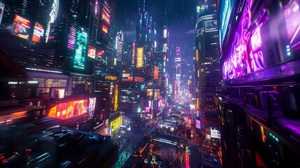 Dazzling Metropolis Futuristic Urban Landscape Ablaze with Neon Lit Skyscrapers and Bustling City