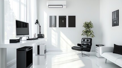Create a Stunning Minimalist Home Office: White Walls & Black Accents - Perfect for a Stylish Home Decor Poster!