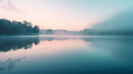 Fototapeta premium Serene Morning Mist Over Calm Lake