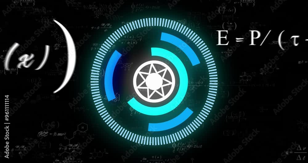 Poster rotating geometric shapes and mathematical formulas, scientific data processing animation