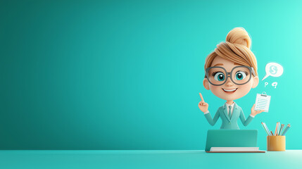 A cheerful character with glasses smiles while holding a notepad, conveying a positive learning environment.