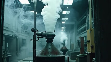 Conical apparatus emits dense fog in dimly lit, abandoned laboratory. Mysterious strands twist in thermal currents, creating an eerie atmosphere of scientific experiments gone wrong.	