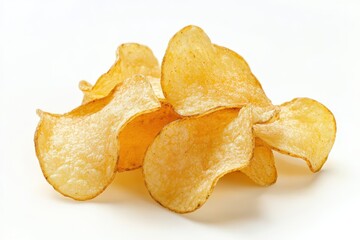 A pile of crispy, golden potato chips arranged on a white background.