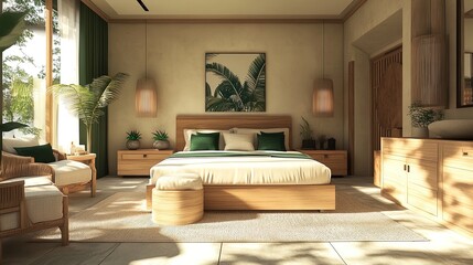Stylish Modern Bedroom with Stone Floor and Light Wood Furniture: Perfect Poster for a Sporty Interior with Green Accents