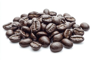 A pile of dark roasted coffee beans on a white background.