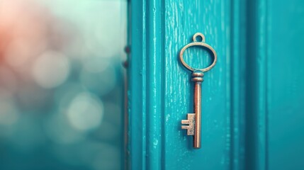 A conceptual photograph of a key resting against a door left slightly ajar, symbolizing the concept of opportunity or mystery waiting to be explored.