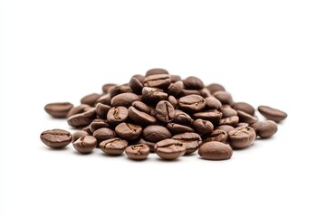 Naklejka premium A pile of roasted coffee beans on a white background, highlighting their rich texture.