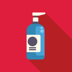 Blue plastic bottle dispenser pump containing shower gel or shampoo, with minimalist design and long shadow on red background