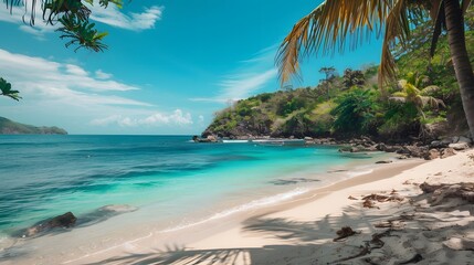 Fototapeta premium Tropical Beach Paradise with Palm Trees and Turquoise Waters