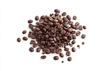 A pile of roasted coffee beans on a white background, showcasing their rich color and texture.