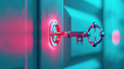 A digital composite showing a key turning in a lock with a glowing light, representing unlocking solutions and opportunities.