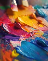 Fototapeta premium Close-up of an artist's palette with vibrant paint colors and textures