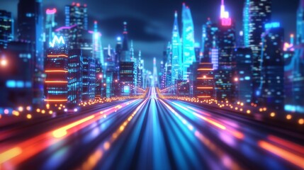 Fototapeta premium A vibrant city skyline at night with neon lights illuminating the buildings and roads. Fast-moving light trails suggest rapid urban activity, embodying a futuristic, high-tech environment.