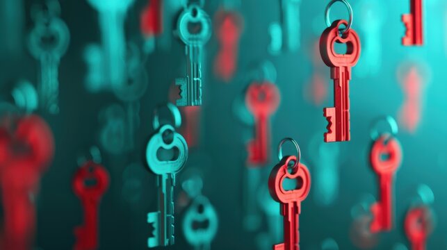 Composite image of multiple keys and keyholes merging into a unified design, symbolizing interconnectedness and access control.