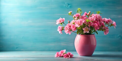 Pink-filled vase on blue countertop beside green planter bursting with pink blossoms