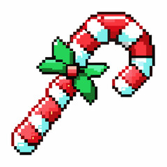Fototapeta premium Colorful Pixel Art Candy Cane with Festive Holly Decoration