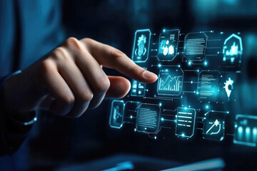 Digital interface interaction, a hand hovering over illuminated data displays featuring graphs, icons, and technical information representing advanced technology and analytics.