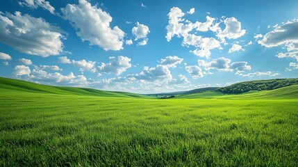 Fototapeta premium A wide, green field stretches under a bright blue sky with fluffy white clouds, creating a serene and peaceful landscape.