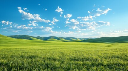 Fototapeta premium A vast green field under a bright blue sky with scattered white clouds, evoking tranquility and natural beauty.