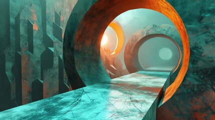 An abstract hallway featuring large circular openings and a contrasting color palette of teal and orange. The surreal design and lighting create a futuristic, otherworldly environment.