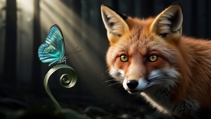 Fototapeta premium red fox and blue butterfly 