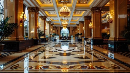 Obraz premium Grand Hotel Lobby with Marble Floor and Chandeliers