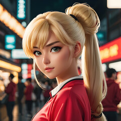 Obraz premium Chica Manga Rubia con Coleta Alta y Ropa Roja: El Personaje que Capturará tu Imaginación