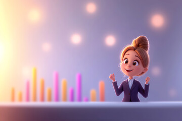 Cheerful businesswoman animated character celebrating success with colorful bar graphs in the background, depicting growth and positivity.