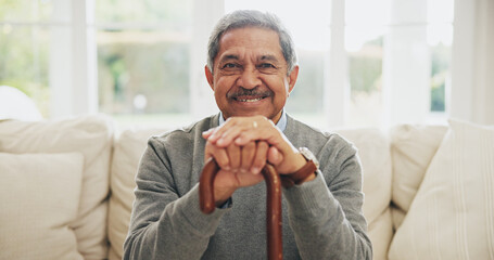 Portrait, senior man and walking stick for Arthritis in elderly care, wellness or health. Happy...