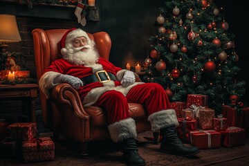 Santa Claus sitting in an armchair in a Christmas decorated living room, dressed as Santa Claus, with Christmas decorations around him