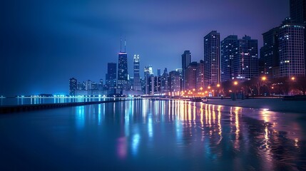 Fototapeta premium Chicago Skyline at Night with Reflections