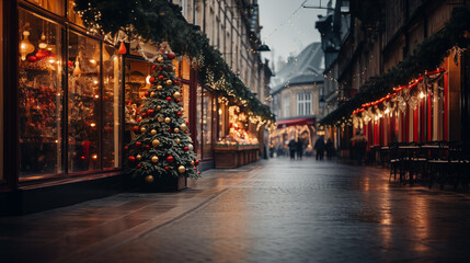 Fototapeta premium Christmas decoration tree in the shop. Winter street market in Europe.