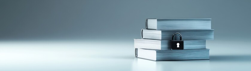 Naklejka premium Stack of Secure Metal Books with Lock Symbol on Light Background - Concept of Data Security and Protection