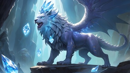 Majestic Ice Lion with Crystal Crown and Wings