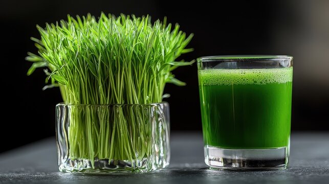 Close-up of fresh wheatgrass in a glass container alongside a vibrant green wheatgrass juice in a clear glass on a dark background.