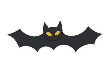Obraz premium Vector illustration of cartoon style bat with yellow eyes, icon symbol for Halloween decorations. The black bat with spread wings for spooky, nocturnal feel to festive Halloween design