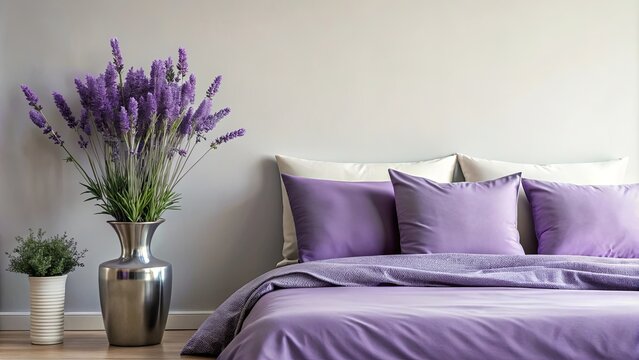 Bed with purple bedding and vase of lavender flowers on edge, creating a calming and elegant ambiance